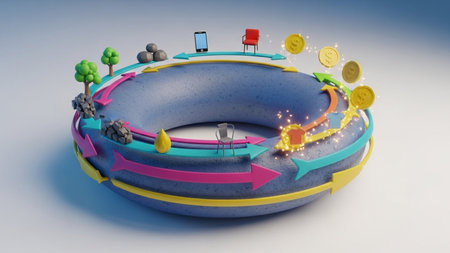 This image illustrates the concept of a circular economy, where resources are kept in use for as long as possible, and waste is minimized. The circular flow includes elements such as technology, finance, nature, and industry, all interconnected to promote sustainability and efficiency. The arrows indicate the continuous cycle of resource management, while the various symbols represent different aspects of the economy.の素材