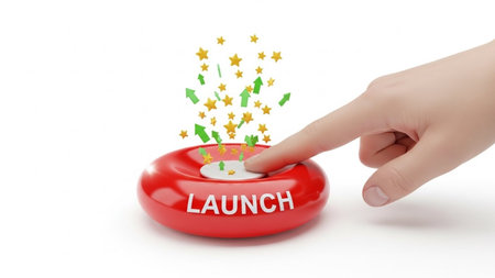 An image of a hand pressing a red button labeled 'LAUNCH'. Upon pressing, colorful stars and confetti burst out from the button, symbolizing a successful launch or start of an event.の素材