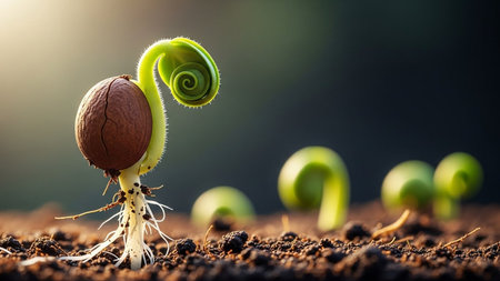 This image depicts several sprouts emerging from the soil, each with a nut attached at the base. The sprouts are in various stages of growth, with some just beginning to unfurl their leaves. The soil is dark and rich, providing a stark contrast to the vibrant green of the sprouts. The background is blurred, drawing focus to the sprouts and nuts in the foreground.の素材