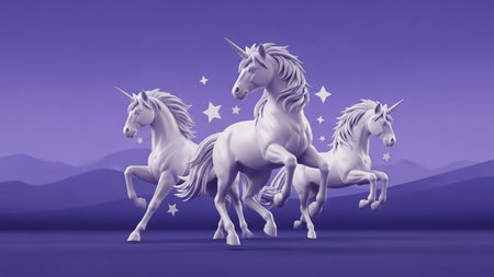 This image depicts three majestic unicorns running gracefully in a mystical landscape. The unicorns are set against a backdrop of a serene, purple sky with distant mountains. Stars are scattered across the sky, adding to the enchanting atmosphere. The unicorns are white with flowing manes and tails, and each has a spiraling horn on its forehead.の素材
