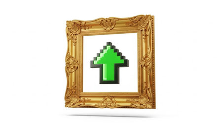 The image depicts a pixelated green arrow pointing upwards, encased within an ornate golden frame. The arrow is composed of square pixels, giving it a retro, 8-bit video game aesthetic. The frame is intricately designed with elaborate patterns and a rich golden hue, contrasting sharply with the simple, colorful arrow.の素材