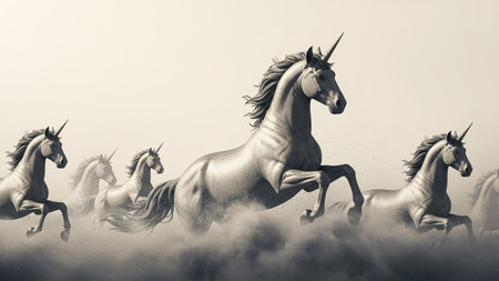 A majestic group of unicorns running gracefully through a field of clouds. The unicorns are depicted with flowing manes and tails, exuding an aura of mystique and fantasy. The scene is serene and ethereal, capturing the essence of these mythical creatures in their natural habitat.の素材