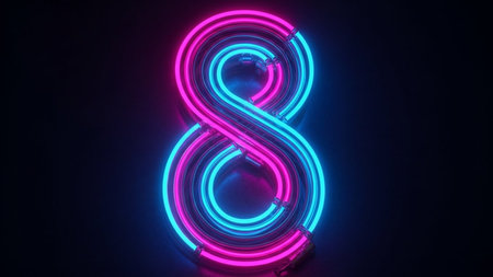 A striking neon sign featuring an infinity symbol, illuminated in vibrant pink and blue hues. The sign is set against a dark background, making the neon colors pop and creating a visually captivating effect. The infinity symbol is a universal representation of endless possibilities and eternal love.の素材