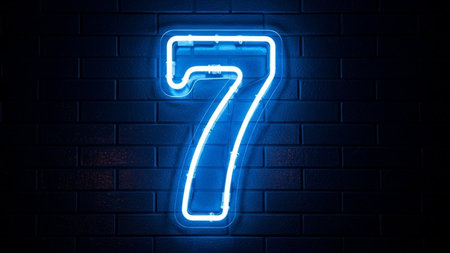 A vibrant neon sign displaying the number seven against a dark brick wall background. The neon light emits a bright blue glow, creating a striking contrast with the surrounding darkness. The number is prominently featured in the center of the image, drawing immediate attention.の素材