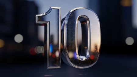 A close-up image of a shiny, reflective number 10. The number is depicted in a metallic, three-dimensional style, standing out against a dark, blurred background. The lighting highlights the reflective surfaces, creating a striking visual effect.の素材