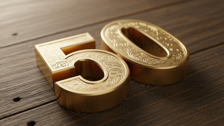 An intricately designed golden number fifty resting on a wooden surface. The number is ornate with detailed engravings, giving it a luxurious and elegant appearance.の素材