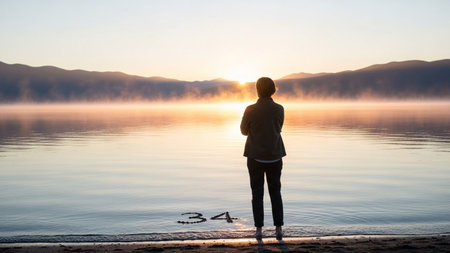 A solitary figure stands at the edge of a tranquil lake, gazing at the serene sunrise. The sun is partially obscured by mist, casting a warm glow over the water and the distant mountains. The scene evokes a sense of peace and contemplation.の素材