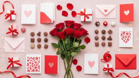 A beautifully arranged flat lay featuring a bouquet of red roses surrounded by heart-shaped chocolates, Valentine's Day cards, and decorative envelopes. The scene is adorned with red and white colors, creating a festive and romantic atmosphere perfect for Valentine's Day.の素材