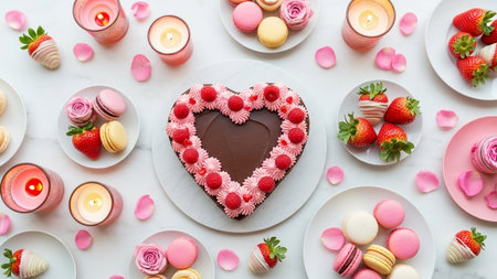 A beautifully crafted heart-shaped cake adorned with raspberries and pink icing sits at the center of this delightful arrangement. Surrounding the cake are various sweet treats, including macarons, strawberries, and small glasses of cream. The scene is further enhanced with rose petals scattered around, adding a touch of romance and elegance.の素材