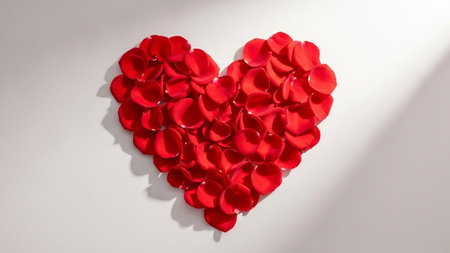This image features a heart shape meticulously crafted from numerous red rose petals. The petals are arranged in a way that creates a visually appealing and romantic design. The heart is set against a plain white background, which accentuates the vibrant red color of the petals and creates a striking contrast.の素材