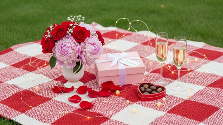 A beautifully arranged romantic picnic setup on a red and white checkered blanket. The scene includes a vase filled with red roses and purple flowers, champagne flutes, a gift box, scattered rose petals, and heart-shaped chocolates. The setting is on a lush green lawn, creating a serene and intimate atmosphere.の素材