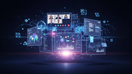 This image depicts a futuristic digital workspace where multiple virtual screens and interfaces are interconnected. It showcases a group of people collaborating through video conferencing, surrounded by various data visualizations, graphs, and charts. The vibrant, glowing lines and nodes suggest a dynamic and interactive environment, emphasizing the integration of technology in modern work and communication.の素材