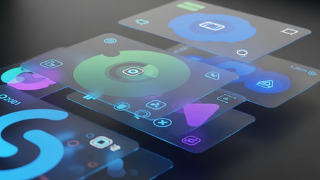 The image features a collection of modern smartphones laid out in a visually appealing manner. Each smartphone displays different app icons and interfaces, showcasing a variety of functionalities. The phones are arranged in a way that highlights their sleek design and vibrant screen colors, emphasizing the user-friendly nature of contemporary mobile technology.の素材