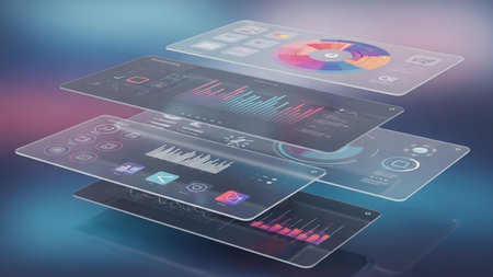 This image showcases a stack of transparent screens displaying various futuristic digital interfaces. Each screen features different visual elements such as graphs, icons, and interactive buttons, suggesting advanced technology and user interaction. The vibrant colors and sleek design indicate a modern and innovative approach to digital displays.の素材
