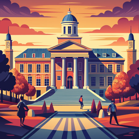 Town hall building and people walking in autumn park, vector illustration.のイラスト素材