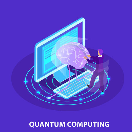 Human brain on laptop screen isometric 3d vector concept on violet background