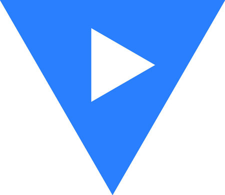 Play button sign. Vector. White icon on blue-white background.
