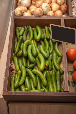 Fresh cucumber in Vegetables Market with Empty Price and Name Tagの写真素材