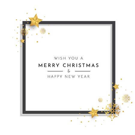 Elegant christmas background with black frame, gold snowflake and gold starのイラスト素材