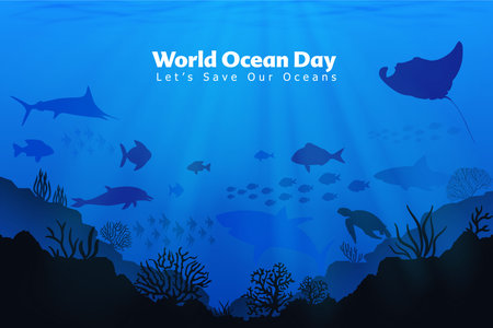 Happy World oceans day background with underwater ocean, shinny light coral, sea plants, stingray and turtleの写真素材