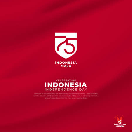 Indonesian 75th Birthday Logo With Realistic Red Wave Flag Background. Indonesia Independence Day Vector Illustrationのイラスト素材