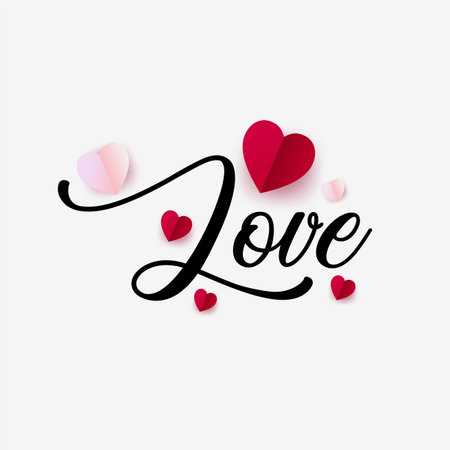 Valentines heart design with love hand lettering calligraphy. Beautiful paper hearts vector.のイラスト素材