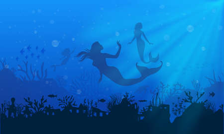 On blue sea mermaid landscape silhouettes. silhouette of mermaid with school fish and reef.のイラスト素材