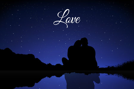 Silhouette of couple with starry night background. Romantic Night background with couple silhouette and shinny star.のイラスト素材