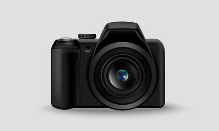 Realistic digital camera vector illustration isolated on white background. &#xA;Digital camera design closeup realistic style. Realistic DSLR Digital Photo Camera Front Side With Lens Vectorのイラスト素材