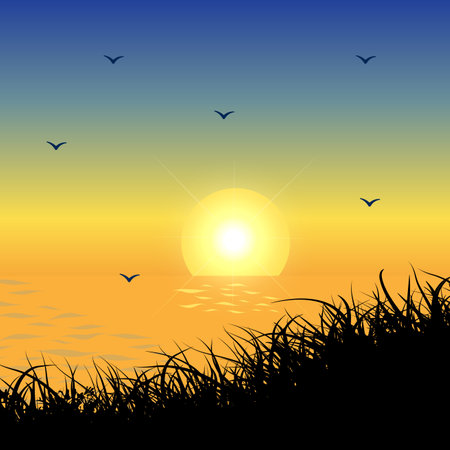 abstract sunset background vector illustration. summer sunset landscape vector.&#xA;Flat sunset design with flying bird.のイラスト素材