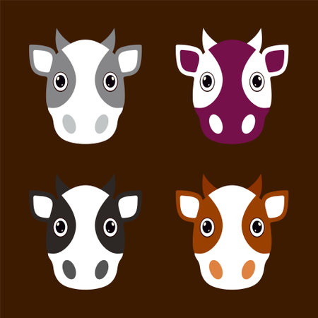 Collection of cow cartoon face design icon. Pack of cow cartoon face vector illustration.  Buffalo cartoon face iconのイラスト素材