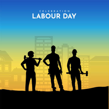 Happy labour day design concept with silhouette of workers. International Labor Day isolated on blue sky.のイラスト素材