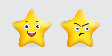 Collection of star cartoon design. Realistic 3d Star cartoon design icon concept. Happy and angry star cartoon.のイラスト素材