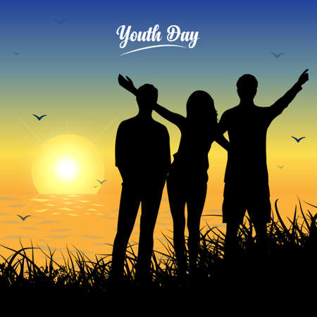 International Youth Day template with sunset background. Happy International Youth Day Design with silhouette of teenager.のイラスト素材