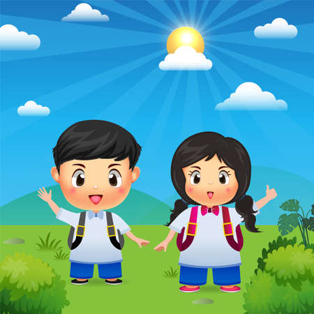 Back to school kids background vector. Cute kids cartoon vectorのイラスト素材