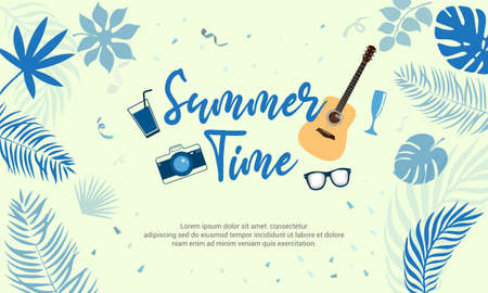 Fantastic summer time party design with guitar, camera, and glasses vector.のイラスト素材