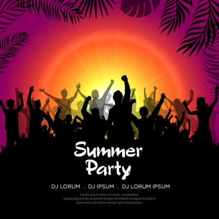 Summer time party design background with happy youth silhouette vector. Summer party flyer templateのイラスト素材
