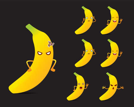 Collection of banana fruit cartoon character design icon. Happy, angry and sad different expression of yellow banana fruit vector.のイラスト素材