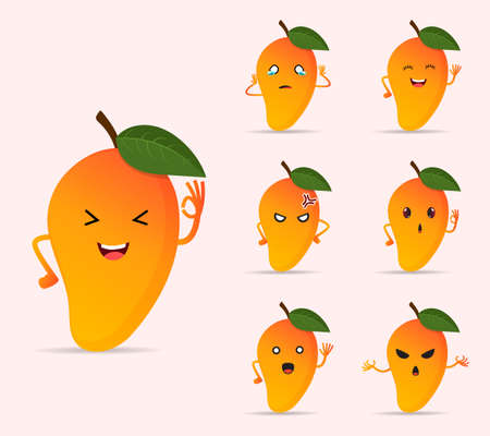 Collection of mango fruit cartoon character design icon. Happy, angry and sad different expression of ripe mango fruit vector.のイラスト素材