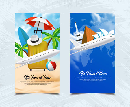 It's travel time design template stories collection  with sand beach, blue sky and plane vector.のイラスト素材