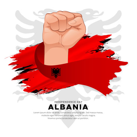 Modern Albania independence day design with waving flag and fist gesture hand vectorのイラスト素材