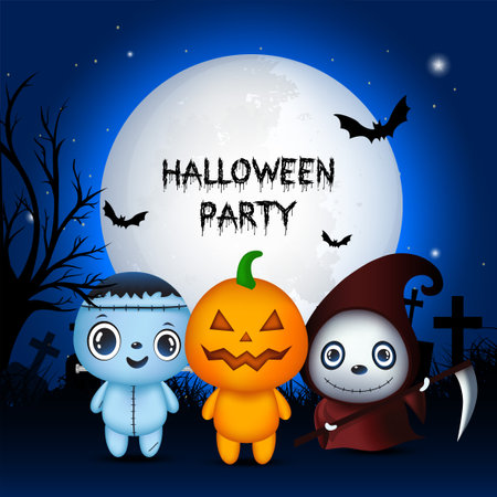 Elegant Halloween party design background banner with cute monster and full moon vectorのイラスト素材