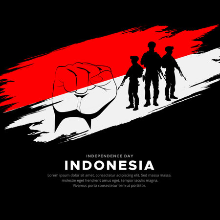Indonesia flag background vector with fist gesture and soldier silhouette. Indonesia Independence Day Vectorのイラスト素材