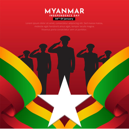 Celebration Myanmars Independence day design background with soldiers silhouette vector.のイラスト素材