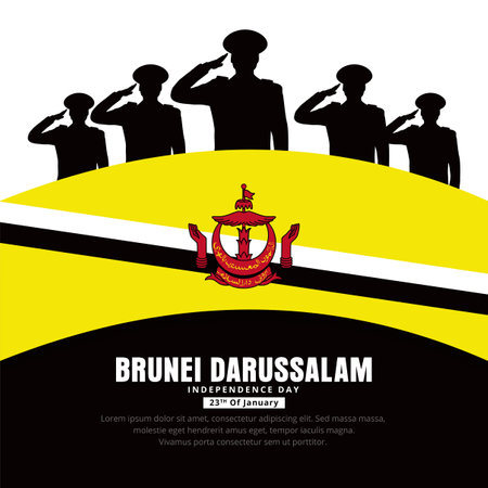 Happy Brunei Darussalam Independence day design with soldiers silhouette and wavy flag vector.のイラスト素材