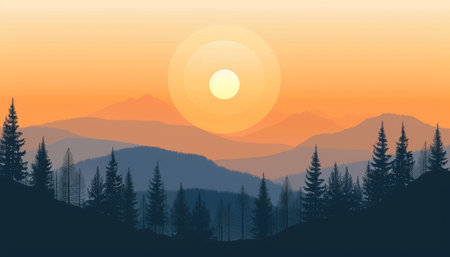 A scenic sunset over a mountain range with a forest in the foreground.の素材