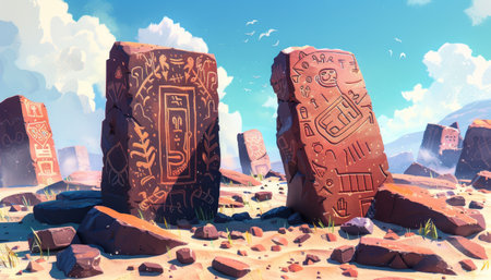 Two large stone pillars with ancient carvings stand in a desert landscape with other pillars in the background.の素材