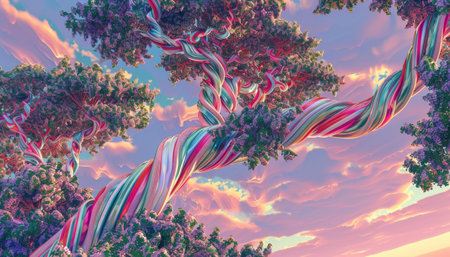 A surreal landscape with colorful, swirling trees against a pink and blue sky.の素材