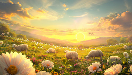 A flock of sheep graze in a lush green meadow at sunset with the sun setting over a mountain range in the background.の素材