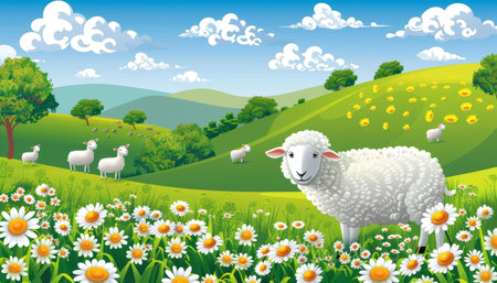 A fluffy white sheep stands in a field of daisies, surrounded by rolling green hills and a blue sky with fluffy clouds.の素材
